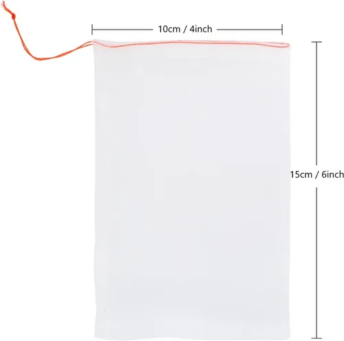 Vista 2 de Kikhope 100 bolsas de protección de frutas, bolsas de red de jardín de 6 x 4 pulgadas con cordón, bolsas de red de frutas, bolsas de barrera de red