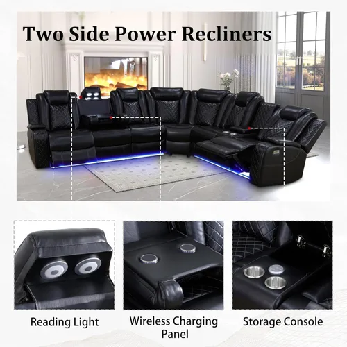 Vista 3 de FUOROLA Juego de sofá reclinable eléctrico con LED, sofá seccional reclinable de cuero transpirable para cine en casa con soporte para tazas Negro