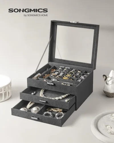 Vista 2 de SONGMICS Joyero, organizador de almacenamiento de joyas con cerradura, caja de joyería con ventana de cristal, para anillos, aretes, tachuelas
