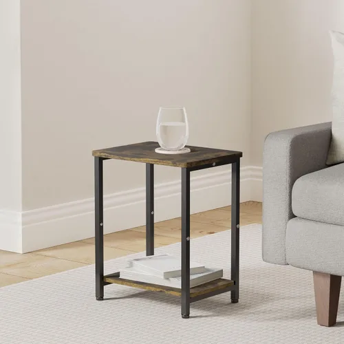Vista 2 de Mesa auxiliar de 2 niveles, mesa auxiliar resistente con estantes, mesa de noche estrecha para espacios pequeños, mesa de tocadiscos para Negro
