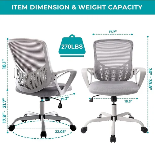 Vista 3 de Silla de oficina, silla ergonómica de escritorio para el hogar, silla de malla con respaldo medio, silla giratoria para computadora con soporte