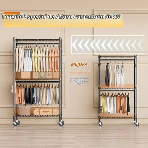 Vista 2 de Homdox Estante para ropa resistente con 3 estantes ajustables de alambre, estantes para ropa para colgar, estante de ropa de doble barra, armario