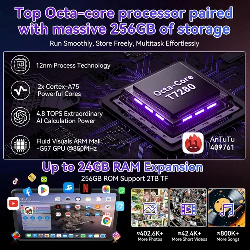 Vista 6 de Tablet grande de 13 pulgadas, tabletas Android 15 con Gemini AI, 24GB RAM+256GB ROM, 120Hz, Octa-Core, carga rápida de 10000mAh, WiFi6, tablet