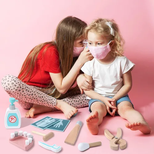 Vista 6 de umu Kit de médico para niños, juguete de simulación de 36 piezas de madera para niños pequeños, kit de dentista Montessori Toys para niños y niñas