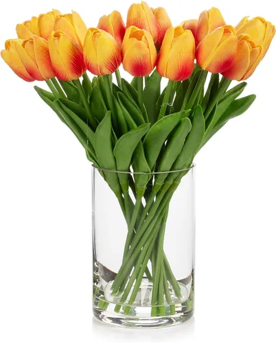Vista 6 de ENOVA FLORAL 20 cabezas de tulipanes artificiales de tacto real para decoración de mesa de comedor, boda, decoración de granja (verde)