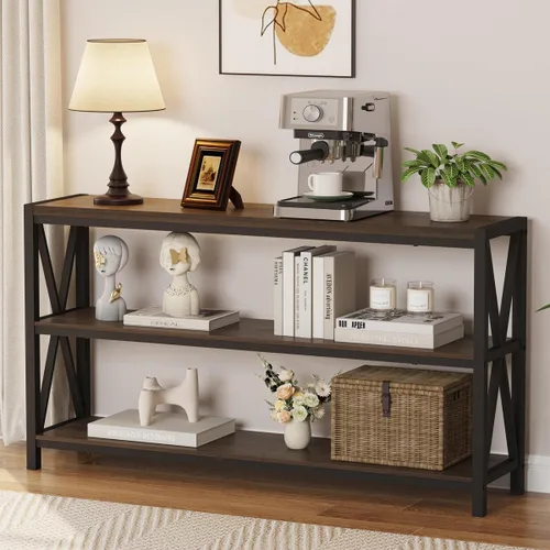 Vista 13 de Mesa consola para entrada, mesa de sofá larga con estantes debajo de la ventana, mesas de pasillo de madera y metal para vestíbulo