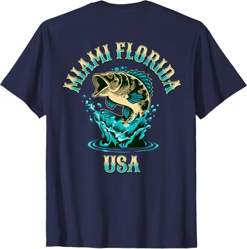 Vista 37 de Camiseta con diseño de pesca en la parte delantera y trasera de Miami Florida USA, Negro