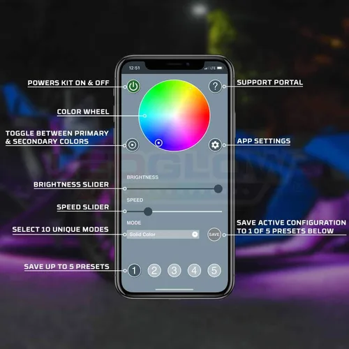 Vista 5 de LEDGlow Kit de iluminación LED de neón de 32 piezas Bluetooth avanzado de millones de colores, compatible con Polaris Slingshot, aplicación