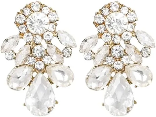 Vista 2 de Pendientes grandes de imitación de diamantes de imitación en tono dorado Art Deco de estilo vintage antiguo para boda nupcial, cristal de diamantes
