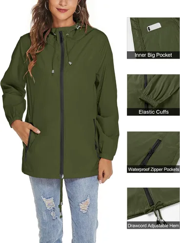Vista 3 de Avoogue Chaqueta impermeable para mujer, ligera, transpirable, con capucha, rompevientos activos con bolsillo