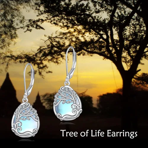 Vista 6 de Aretes colgantes con forma de lágrima de filigrana de piedra lunar de plata de ley 925 con cierre de palanca para mujer, regalos de joyería