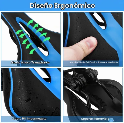 Vista 5 de MSDADA Asiento de bicicleta de gel, cómodo sillín de bicicleta con cojín suave acolchado para hombres, mujeres, niños, impermeable, montaña Azul