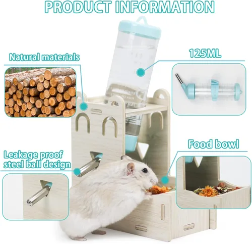 Vista 5 de Soporte de madera para botella de agua de hámster, dispensador de agua para animales pequeños, 4.2 fl oz para beber con botella, base de contenedor