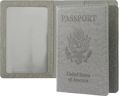 Vista 15 de Funda de cuero para pasaporte - Cartera de pasaporte de viaje para mujeres y hombres, artículos esenciales para el aeropuerto con protector, Negro