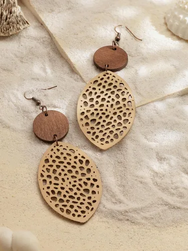 Vista 2 de MINACHI Bohemian Hollow Cut-Out Wood Leather Dangle Drop Earrings, Boho Chic Hippie Statement Jewelry Gift for Women