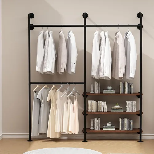 Vista 8 de HOMEKAYT Perchero Industrial de Tubería para Ropa, Perchero de Pared con Estantes, Estante Colgante de Ropa Multiusos de Servicio Pesado - 70.8''L