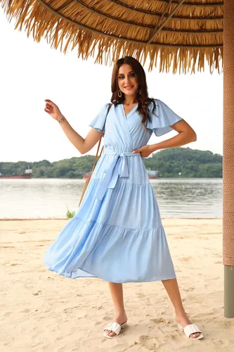 Vista 5 de PRETTYGARDEN Vestidos de verano para mujer 2023, cuello en V, manga corta, bohemio, vestido midi con lazo en la cintura, vestidos de playa