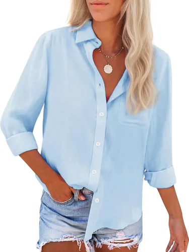 Vista 7 de Camisas de algodón con botones, para mujer, camisas de vestir Oxford, camisas de trabajo de manga larga, blusas con cuello y bolsillo