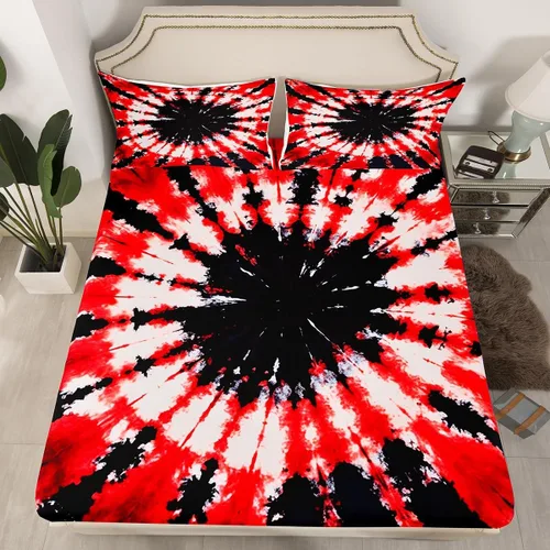 Vista 2 de Juego de sábanas de teñido anudado, estilo bohemio, psicodélico, hippie, teñido anudado, sábana bajera ajustable para niños, niñas, niños
