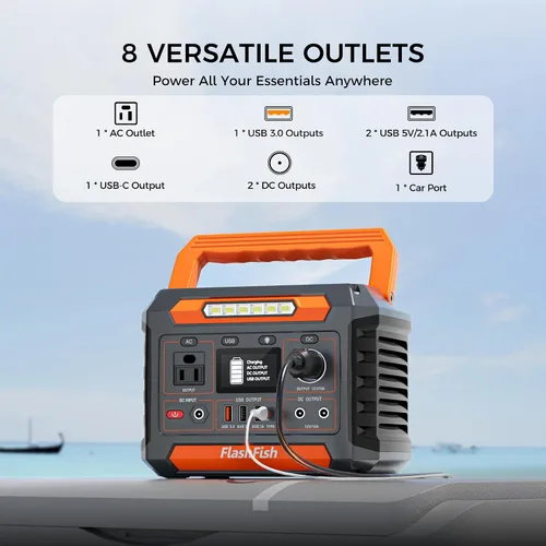 Vista 2 de FF Flashfish 144.3Wh con panel solar de 100 W, generador solar de 200 W con luces AC/DC/USB/tipo C/LED, batería de reserva para camping, viajes
