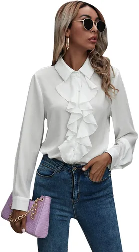 Vista 3 de SheIn Blusa de gasa de manga larga con botones y volantes de loto para mujer