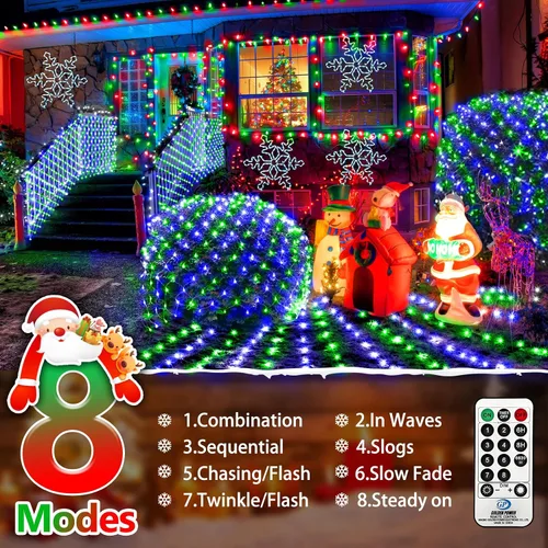 Vista 3 de KNONEW Paquete de 2 Luces de Red de Navidad de 420 LEDs de 13 pies x 6.6 pies, Luz de Malla para Exteriores Conectable Impermeable con 8 Modos