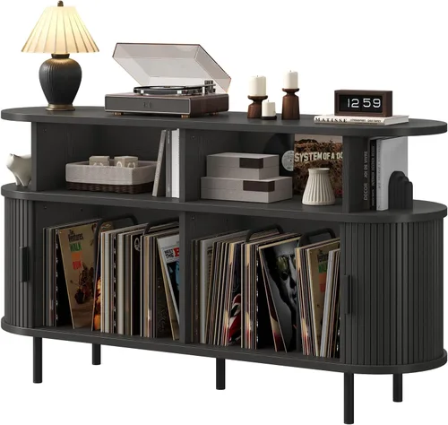 Vista 8 de Soporte redondo grande para tocadiscos de 55 pulgadas con estación de carga, gabinete de almacenamiento de discos de vinilo, soporte moderno