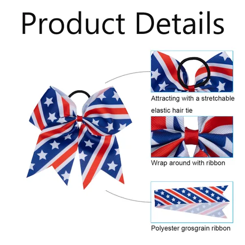 Vista 5 de 18 PCS 8" Large American Flag Cheer Hair Bows Ponytail Holder Elastic Band Handmade for Cheerleaders Teen Girls College Sports