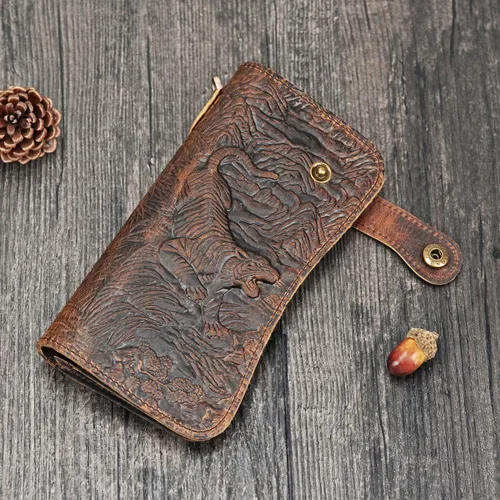Vista 4 de LUUFAN Cartera larga de cuero genuino para hombre billetera plegable grabada