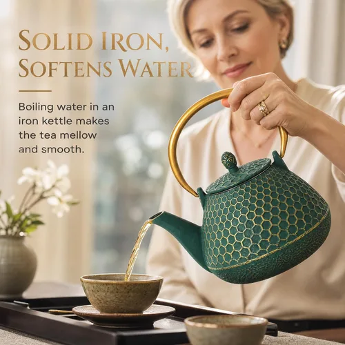 Vista 8 de YJX 54oz Cast Iron Tea Kettle for Stovetop, Green Teapot Japanese Tetsubin, Enameled Interior, Heavy and Durable, Large Tea Pot With Infuser for