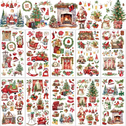 Vista 14 de Lincia - 10 hojas de calcomanías navideñas para manualidades y muebles, calcomanías de transferencia por fricción, muñeco de nieve, gnomo, reno