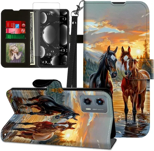 Vista 340 de Funda para Motorola Edge 2022 con protector de pantalla, soporte y tarjetero y correa para la muñeca, funda magnética para Moto Edge 2022 5G UW Lobo