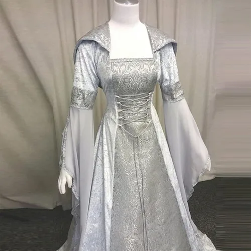 Vista 5 de YSLMNOR Disfraz medieval para mujer, corsé de Halloween, vestido gótico renacentista, talla grande, vestido de fiesta de manga acampanada, ropa