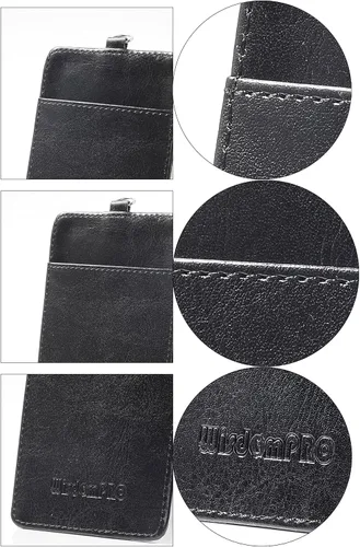 Vista 7 de Wisdompro, sujetador de documento de identidad de piel de PU de dos caras, riel retráctil y anillo para llave. Vertical