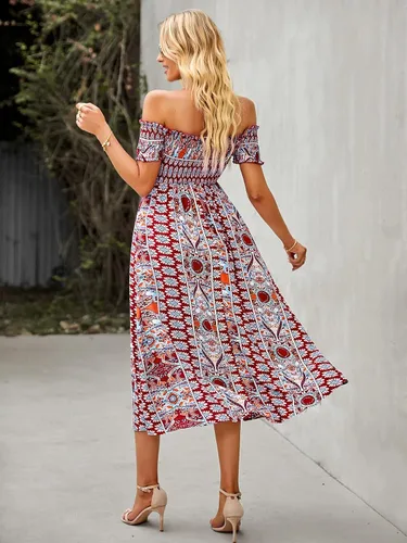 Vista 3 de KAYWIDE Vestidos casuales de manga larga con cuello redondo, vestido fruncido bohemio, estampado floral, vestido midi escalonado