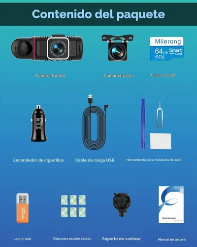 Vista 8 de Dash Cam frontal y trasera interior de 3 canales, cámara de tablero 1080P con tarjeta de 64 GB