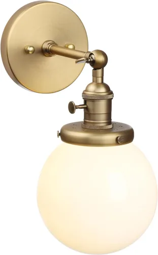 Vista 8 de Pathson Aplique de pared cableado con globo blanco, luz de tocador de baño de latón con interruptor de encendido y apagado, lámparas de pared