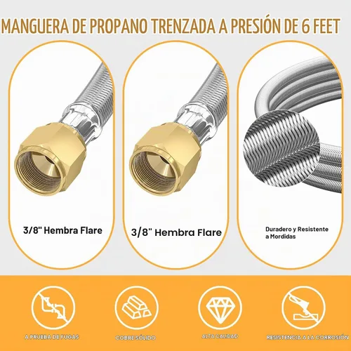Vista 2 de MEFUN Extensión de manguera de propano trenzada de alta presión de 6 pies con acoplamiento de conversión de 3/8 pulgadas a 1/2 pulgadas NPT hembra