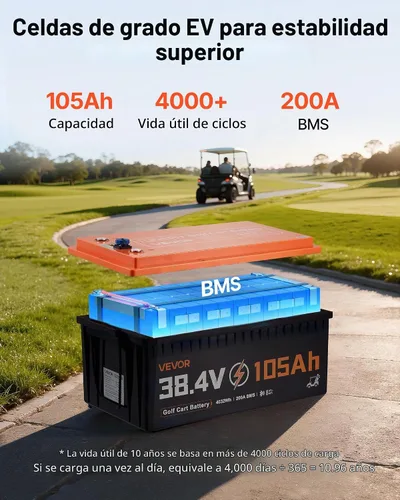Vista 3 de VEVOR Batería de litio para carrito de golf de 36 V (38.4 V) 105 AH, con cargador de 25 A, kit de batería Lifepo4, BMS de 200 A integrado