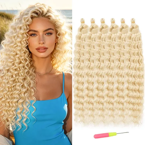 Vista 36 de MAYSA Cabello ondulado de ganchillo azul, cabello ondulado con ganchillo para mujer, extensiones de cabello sintético de onda profunda de 22