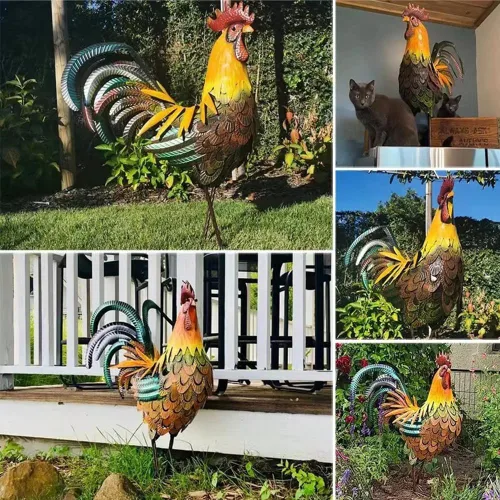 Vista 9 de Estatua de gallo para decoración de jardín de 18 pulgadas de metal de pollo para patio, magnífico y orgulloso gallo de hierro para decoración