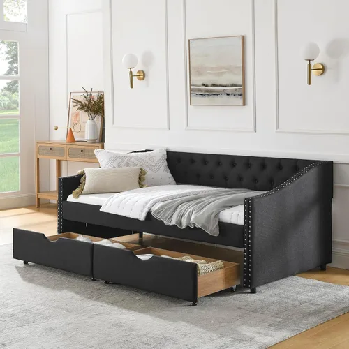 Vista 12 de Base de cama tamaño matrimonial de madera, base de cama diurna con 2 cajones de almacenamiento, sofá cama tapizada de tamaño matrimonial con diseño