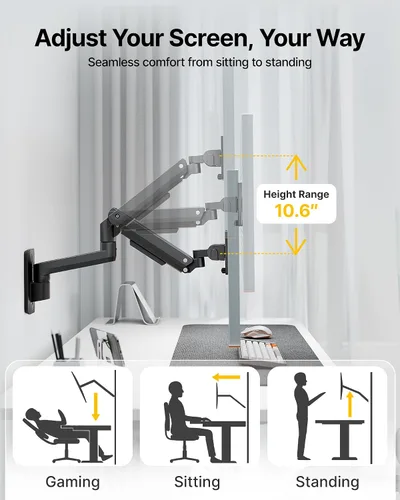 Vista 3 de monTEK Brazo de monitor de montaje en pared ultra ancho para pantallas de 17 a 49 pulgadas, soporte de monitor individual resistente de hasta 44