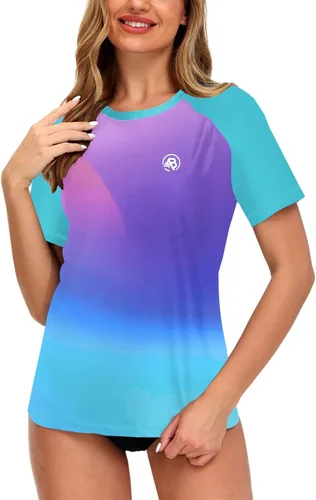 Vista 11 de AOBUTE Camisetas de natación de manga corta para mujer con protección solar degradada