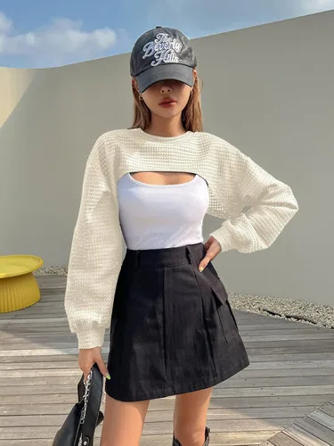 Vista 5 de Verdusa Top corto de punto para mujer, de manga larga, con hueco, tejido de ganchillo, transparente