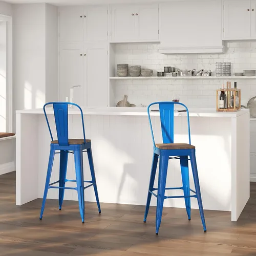 Vista 14 de Merrick Lane Amsterdam Taburete de bar – Silla de bar de metal negro antiguo con asiento de madera – Taburete de cocina con respaldo curvado