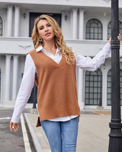 Vista 6 de Fuinloth Chaleco tipo suéter de gran tamaño para mujer, cuello en V, túnica de punto, sin mangas