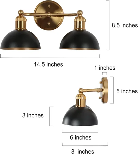 Vista 2 de Durent Lighting Moderna lámpara de baño de granja, luces de tocador negras y doradas cepilladas sobre el espejo, iluminación de tocador de 2 luces