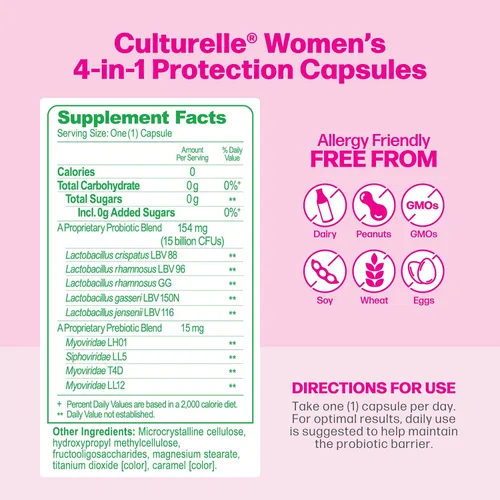 Vista 2 de Culturelle Probióticos 4 en 1 para mujeres, suplemento diario probiótico y prebiótico para apoyar la salud vaginal, salud digestiva, salud