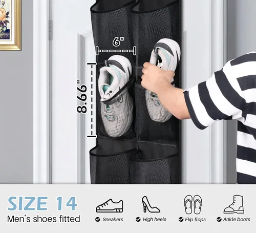 Vista 3 de MISSLO Organizador de zapatos sobre la puerta, 12 bolsillos grandes de malla para colgar puerta estrecha de armario, negro, paquete de 2